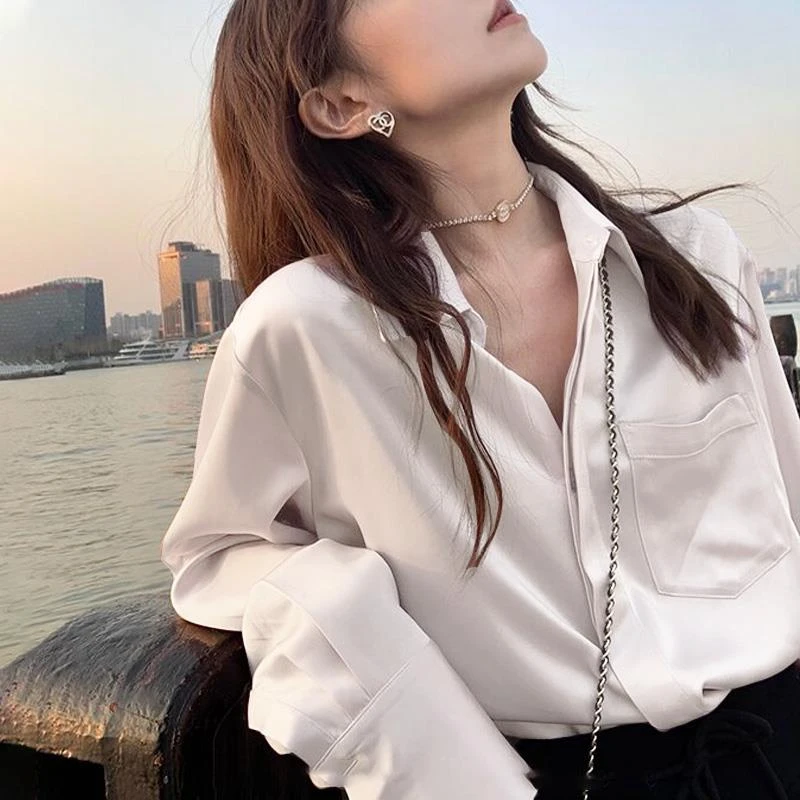 醋酸缎面衬衫女春秋新款高端垂感高级感衬衣法式白色长袖外套上衣
