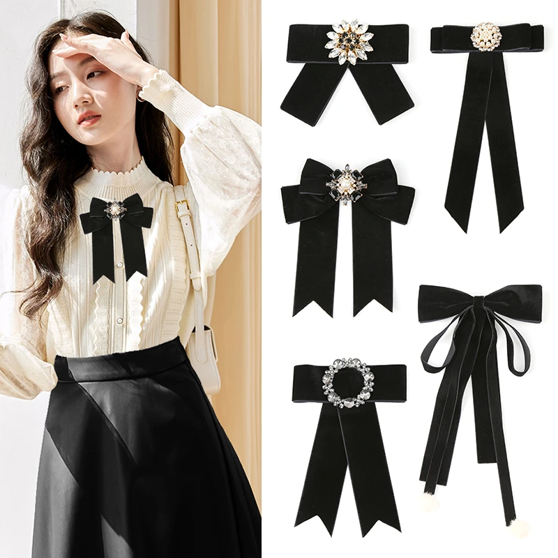 甜酷风丝绒领结黑色蝴蝶结女学院风衬衫衬衣领口配饰别针胸针领花