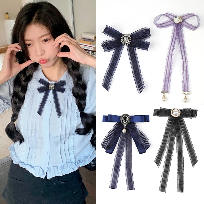 衬衫领结女装饰黑色蕾丝飘带复古通勤别致衬衣校服毕业照别针配饰