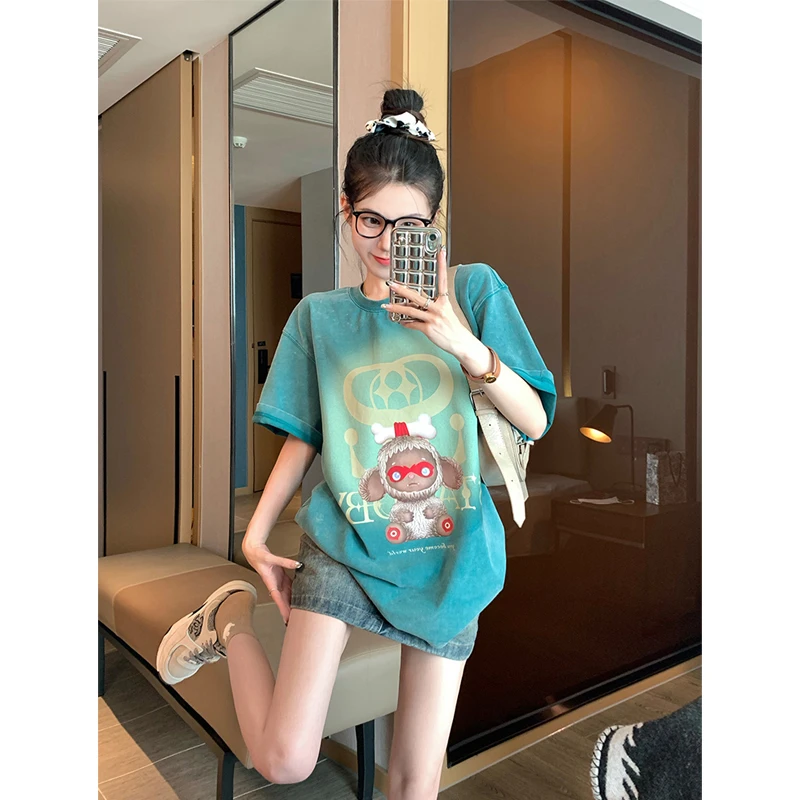 减龄绿色短袖t恤女夏季宽松圆领印花时尚中长款网红纯棉百搭上衣