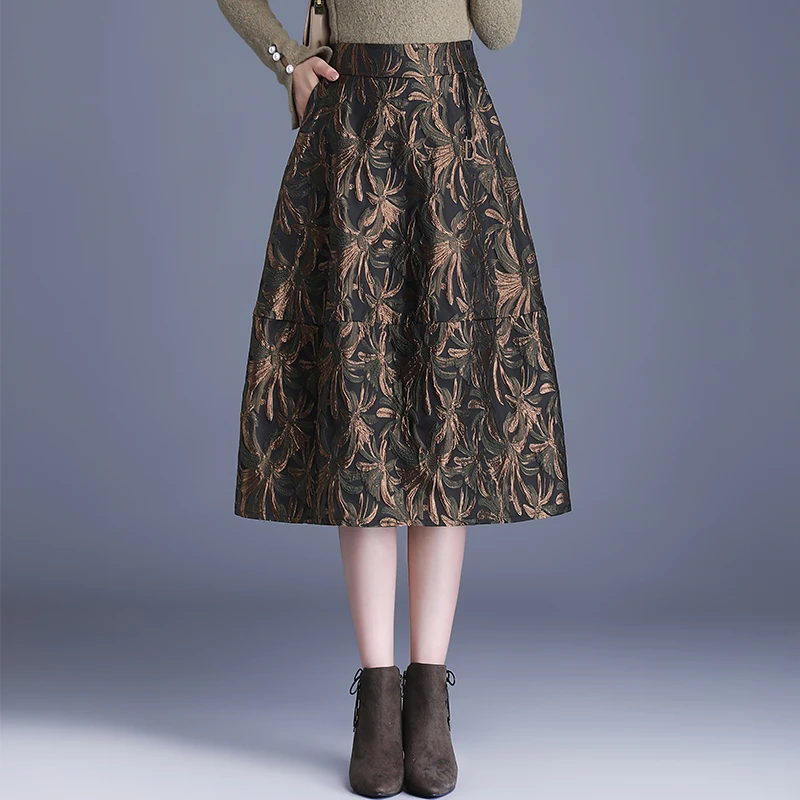缎面刺绣花A字半身裙花苞裙秋冬中长款高腰显瘦11C冬季裙13451