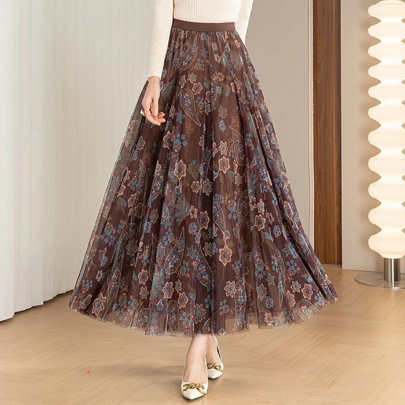 印花网纱半身裙女夏大摆裙气质半裙三层网纱垂感遮胯到脚踝长裙子