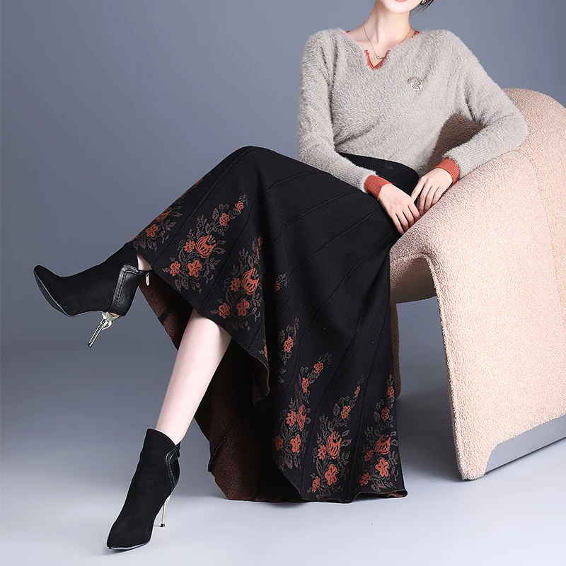 提花毛线裙A字半身裙秋冬中长款高腰显瘦大摆长裙11C冬季裙616