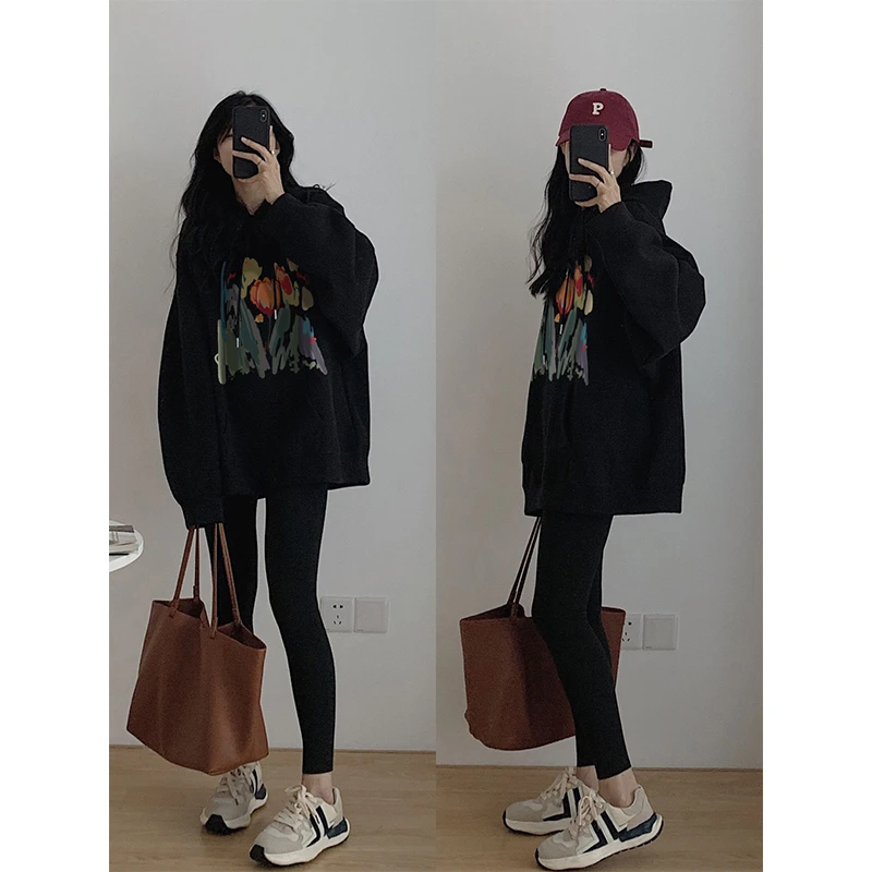 黑色连帽卫衣女2025年新款春秋冬季宽松显瘦百搭加绒长袖上衣外套