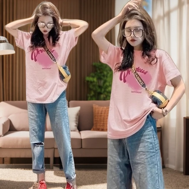粉色短袖t恤女夏季2025新款韩版小个子宽松显瘦百搭减龄纯棉上衣