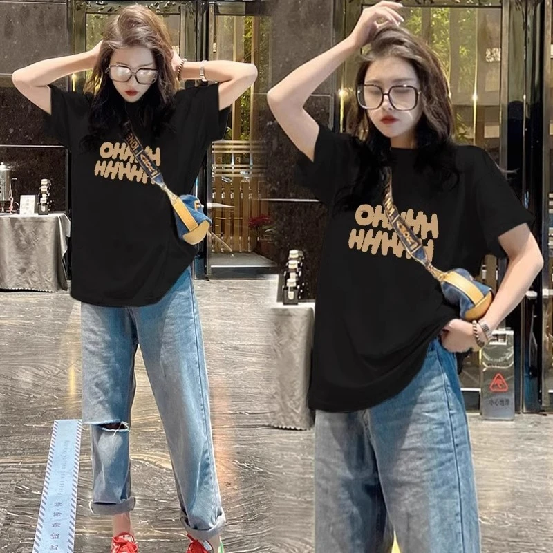 黑色纯棉短袖T恤女夏季韩版宽松大码字母印花半袖正肩体恤上衣潮