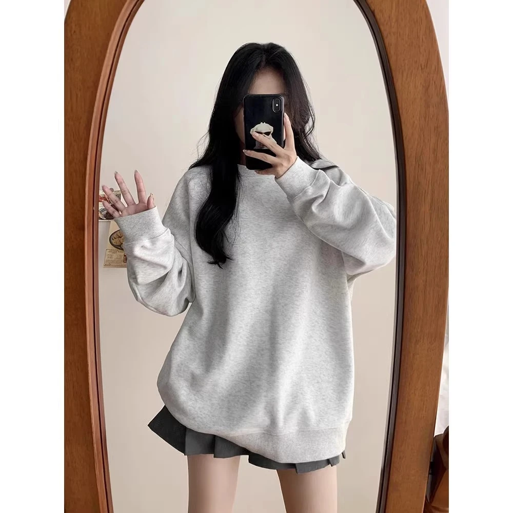 白灰色爆款圆领卫衣女秋冬oversize薄款外套韩系潮牌宽松慵懒上衣