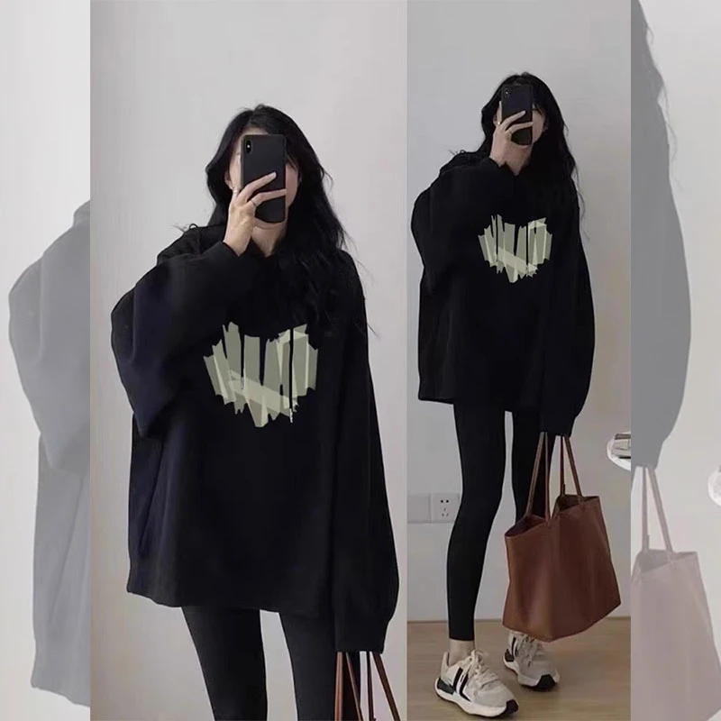 2025新款爆款连帽oversize薄款中长版遮屁股黑色潮牌卫衣外套女生