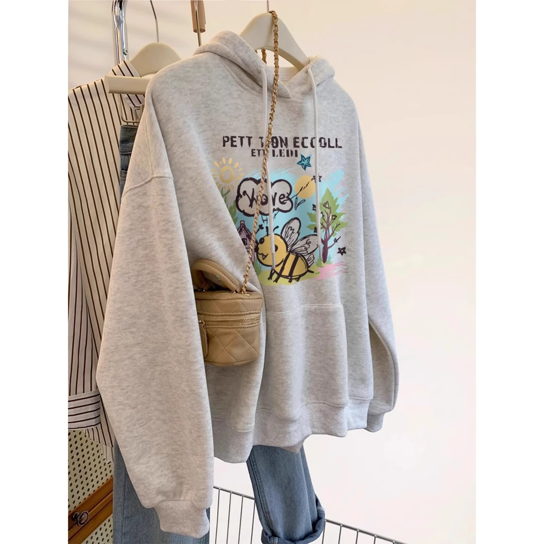 灰色印花套头连帽长袖卫衣女秋冬2025新款慵懒风宽松加绒帽衫上衣