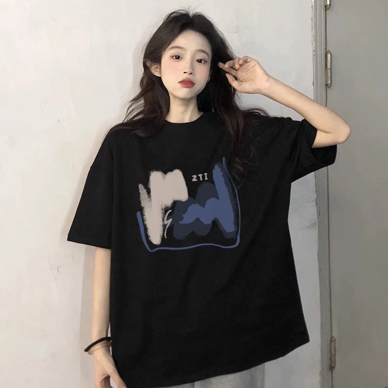 港味复古黑色短袖t恤女款夏季大码宽松oversize纯棉半袖情侣上衣