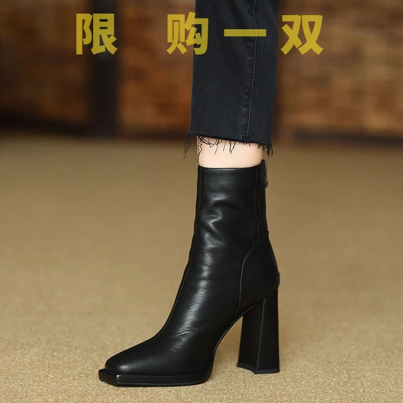 红蜻蜓牌真皮方头高跟短靴女粗跟百搭中筒秋冬季新款高跟鞋