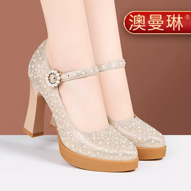 澳曼琳防水台粗跟高跟一字扣尖头水钻圆头宴会优雅厚底走秀旗袍鞋