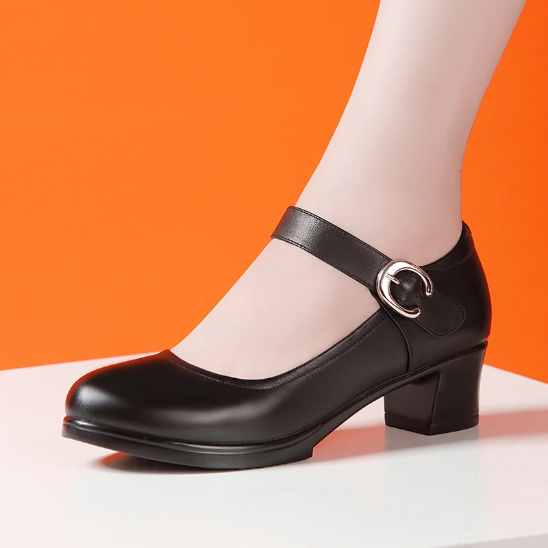 中跟粗跟旗袍模特走秀高跟鞋中老年圆头粗跟中跟软底妈妈鞋工作鞋