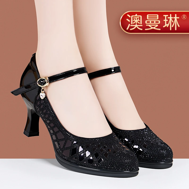 澳曼琳新中式旗袍走秀高跟鞋粗跟细跟真皮软底水钻婚鞋一字扣单鞋