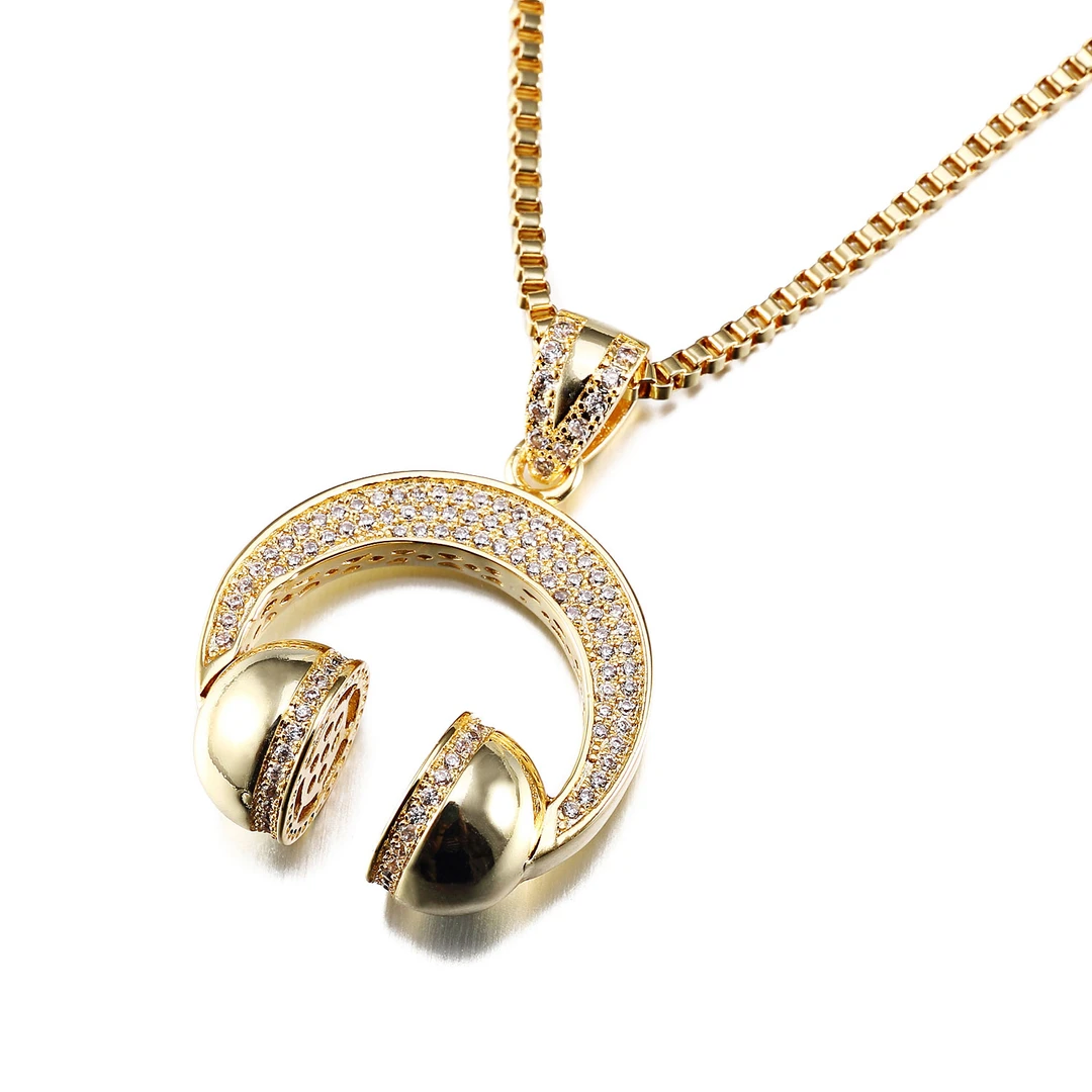 铜项链 耳麦吊坠金色耳机项链18K镀金满钻男女项饰潮流个性首饰