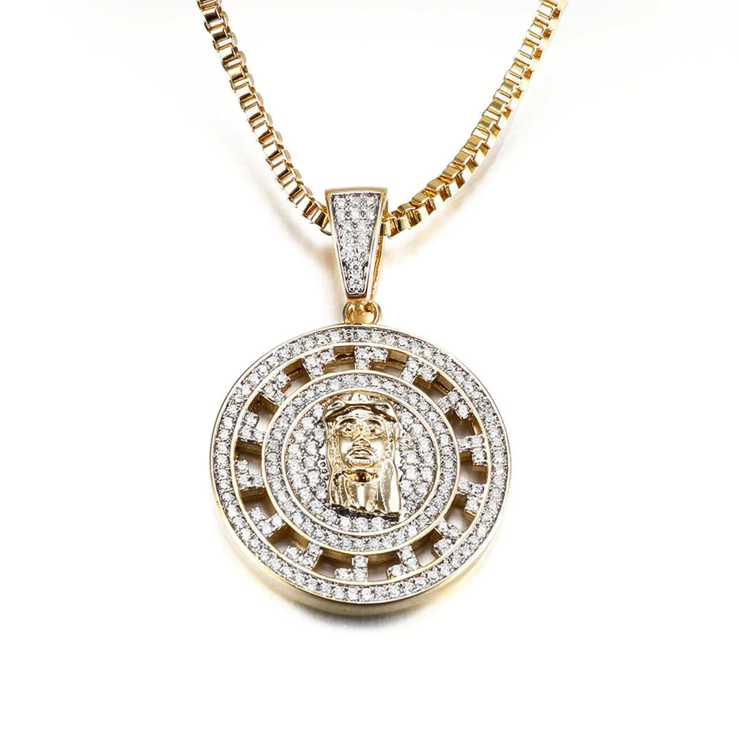 铜锆石吊坠 欧美圆形人像耶稣吊坠嘻哈项链满钻镶嵌个性饰品男女