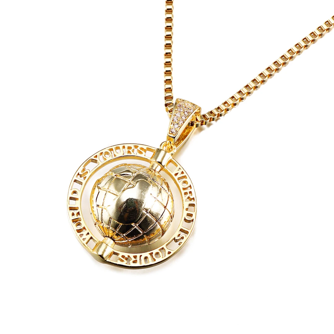铜锆石吊坠 欧美世界旋转地球仪吊坠简约镀金锆石嘻哈项链男女款