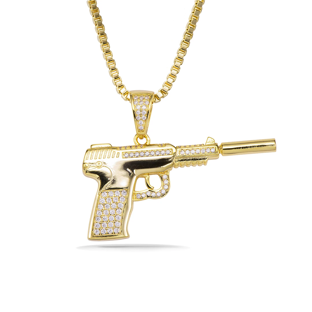 铜项链 轻奢枪可爱精致小众金色时尚项链个性首饰18K吊坠满钻饰品