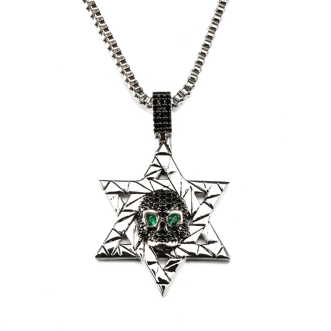 铜锆石吊坠 欧美六芒星吊坠骷髅头项链满钻镶嵌复古潮流个性首饰