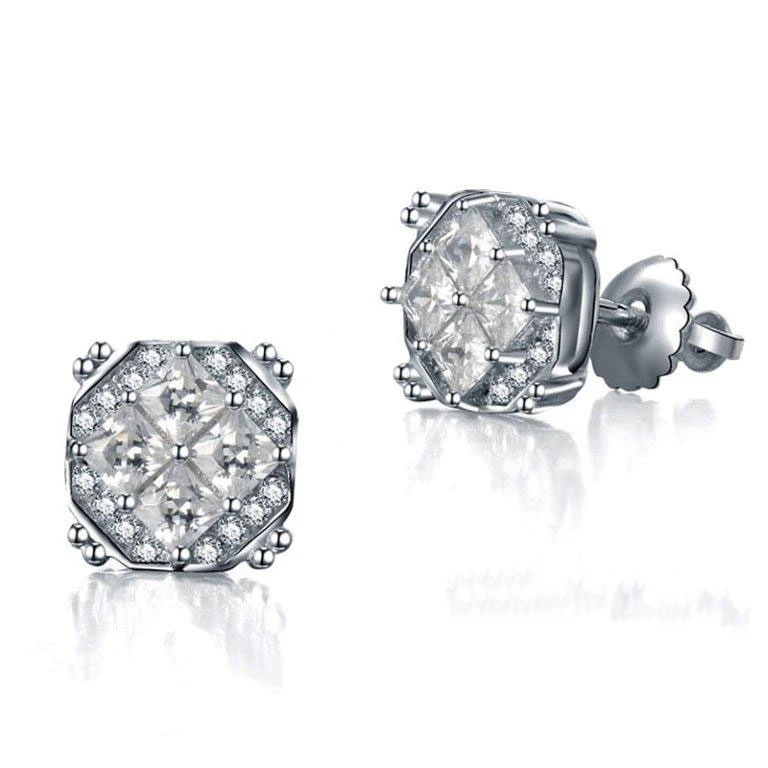 黄铜锆石耳饰 八边形方形锆石耳钉时尚潮流耳环镀金满钻镶嵌饰品