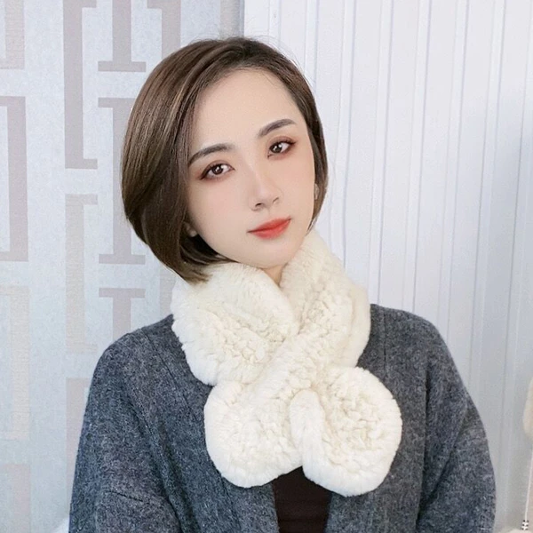 韩版獭兔毛编织领结式气质围巾双面编织冬季女秋冬皮草围脖毛领