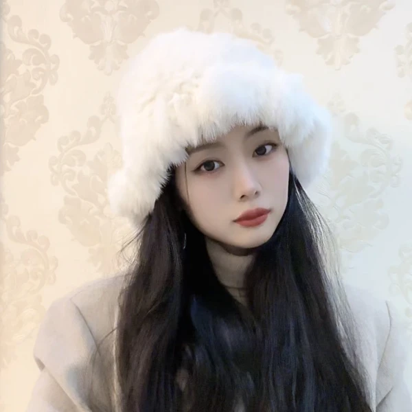 兔毛渔夫帽保暖盆帽真毛帽子女巨显脸小毛绒绒秋冬保暖出游滑雪帽