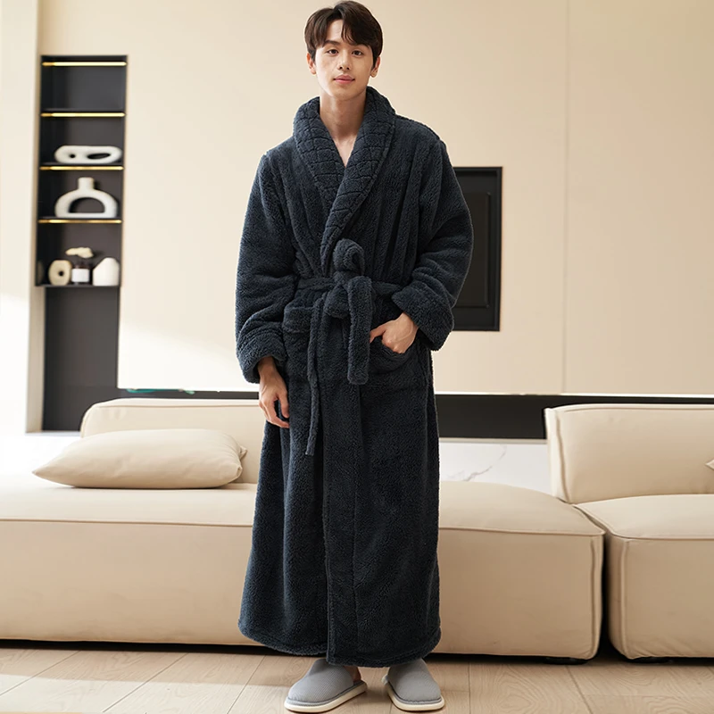 睡袍男士冬季长款法兰绒睡衣男款加绒加厚珊瑚绒秋冬女款浴衣浴袍