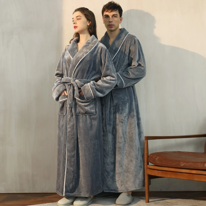 双面加厚款睡袍法兰绒冬季情侣浴袍男士大码珊瑚绒睡衣加长到脚踝