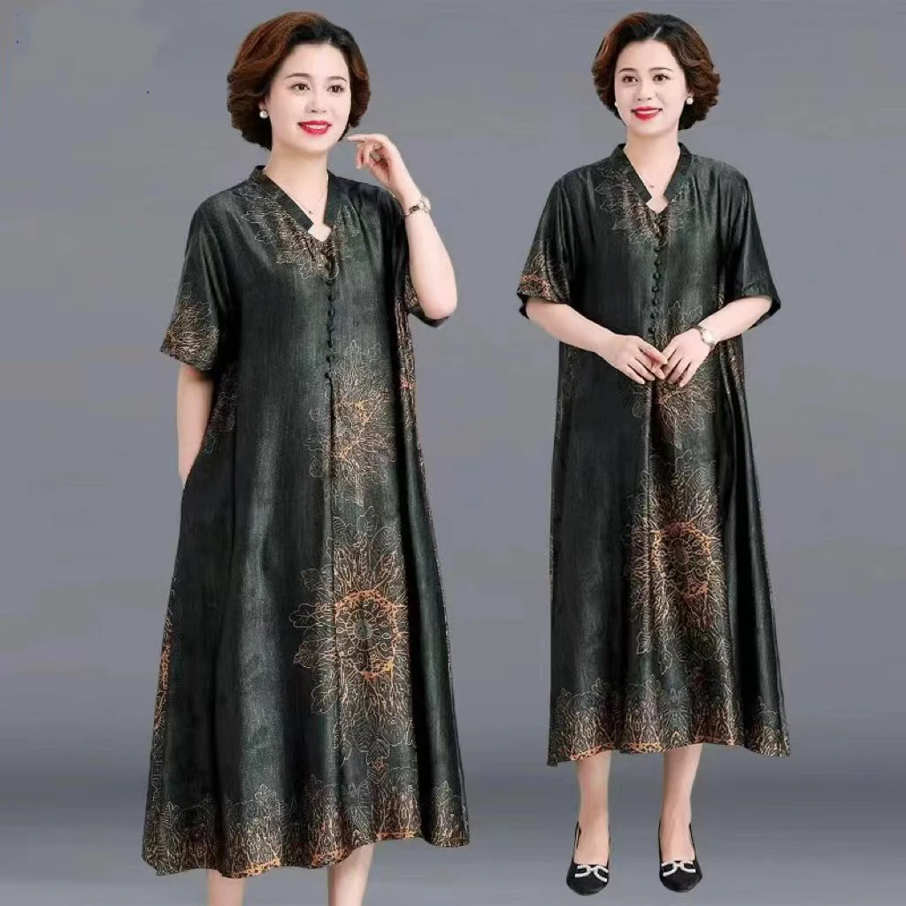 胖妈妈装夏季连衣裙特大码中老年高档时尚宽松裙子贵夫人印花裙