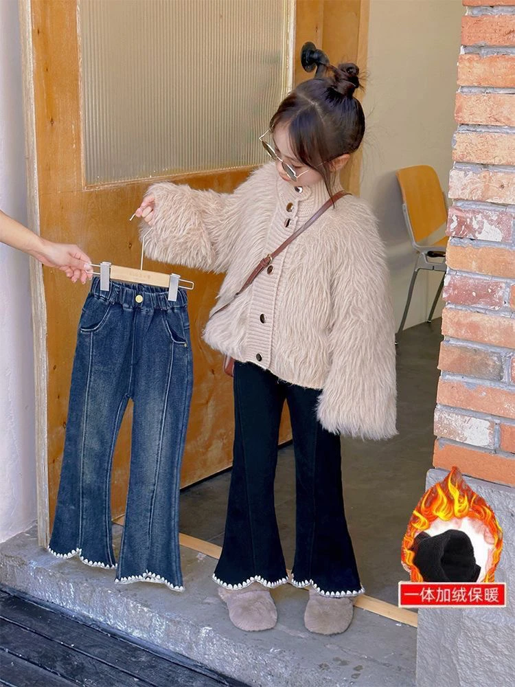 女童牛仔裤加绒一体裤子儿童2024新款洋气女孩喇叭裤休闲裤