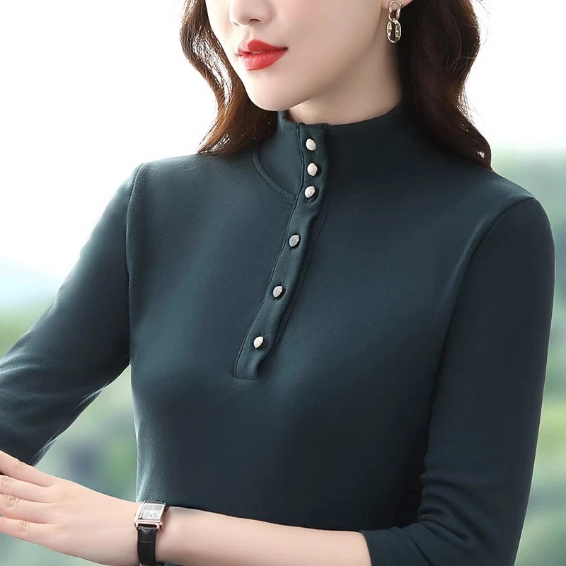 双面德绒打底衫女冬中年妈妈半高领保暖加绒加厚洋气磨毛中领上衣