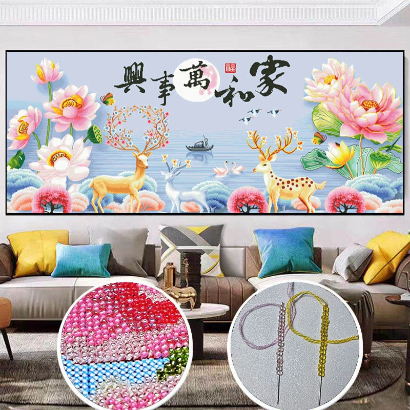 【炫彩玻璃珠绣】家和万事兴荷花麋鹿十字绣新款客厅风景画全满珠绣