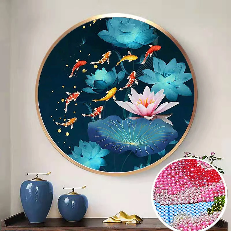 【炫彩玻璃珠绣】荷花九鱼图十字绣新款客厅餐厅圆形九鱼图满珠绣