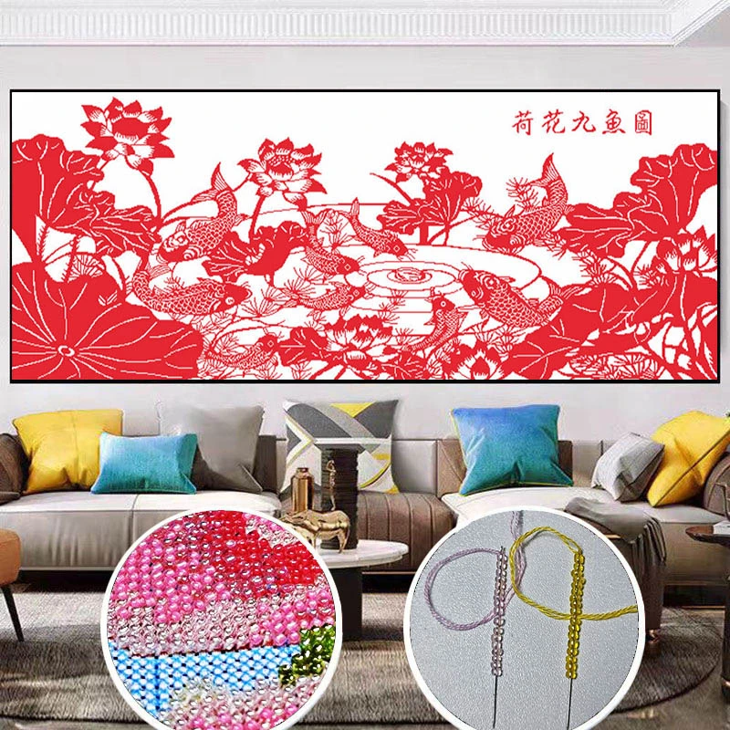 【炫彩玻璃珠绣】喜乐十字绣荷花九鱼图新款客厅十字绣简单自己绣