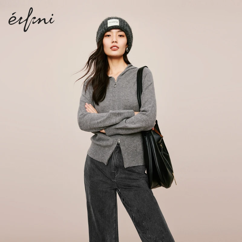 【全羊毛】伊芙丽无缝成型连帽拉链通勤羊毛针织开衫女1EA933891