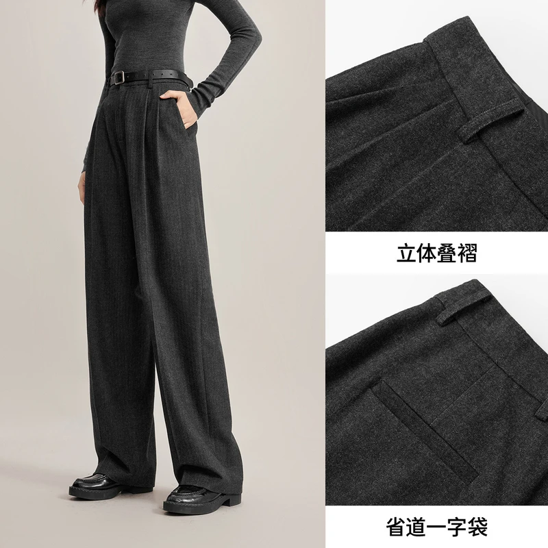 伊芙丽磨毛保暖秋冬裤子2024高腰显瘦通勤深灰色西装裤1D9951851