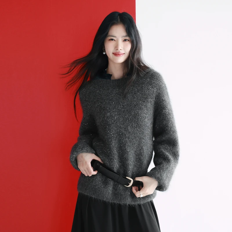 伊芙丽圆领亮片复古套头针织衫女2024冬季新款百搭毛衣1FA934891