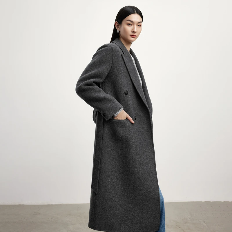 伊芙丽绵羊毛含驼绒西装式长款双面呢黑色长款大衣秋1FA971121