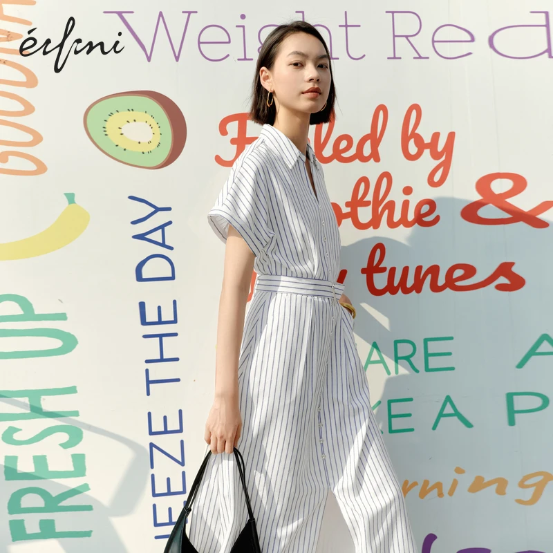 伊芙丽简约质感精致白蓝条纹衬衫连衣裙女2025春夏装新款长裙