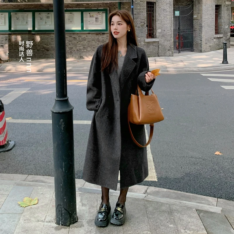 【明星同款】伊芙丽高智驼绒黑色双面驼绒大衣女秋冬服饰1E9971071