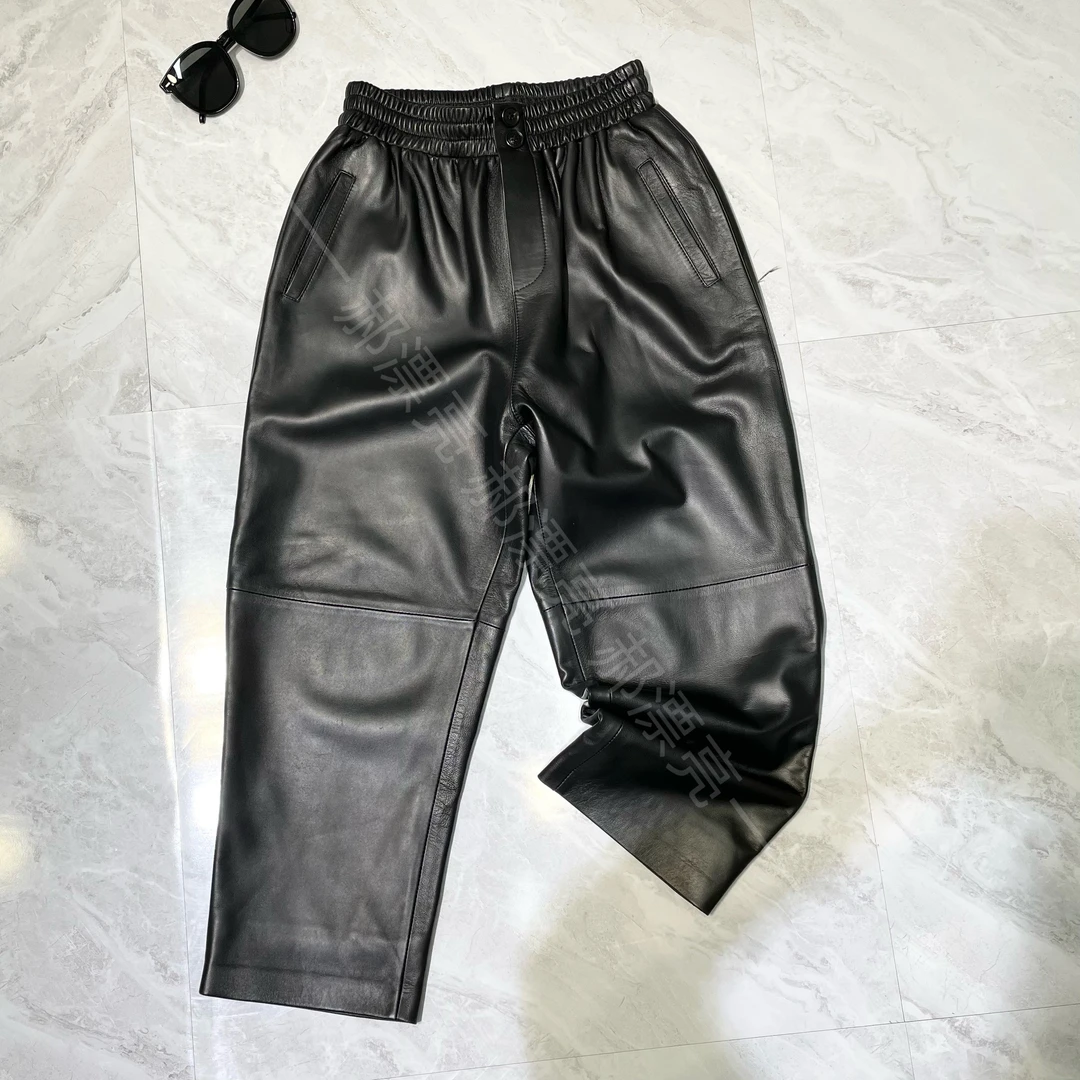 海宁真皮绵羊皮哈伦裤松紧腰休闲裤九分裤简约宽松高腰小脚皮裤女