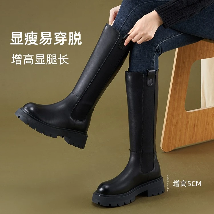 Teenmix/天美意冬切尔西潮酷舒适百搭女皮骑士长靴NQX16DG2