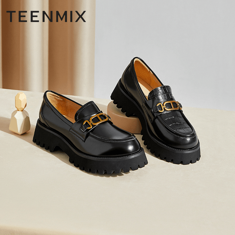 Teenmix/天美意秋新学院英伦松糕底时尚休闲乐福鞋女单鞋NLF32CM2