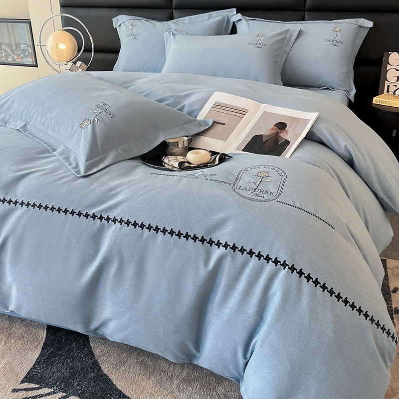 mution/妙轩秋冬轻奢全棉加厚磨毛被套绣花简约四件套床上用品