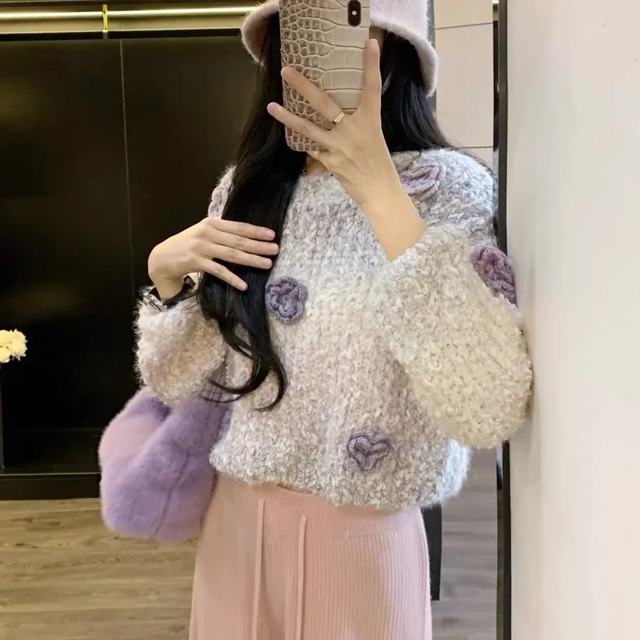 蕾丝加厚2024春季新款韩版宽松软糯立体花朵针织衫时尚网红圆领