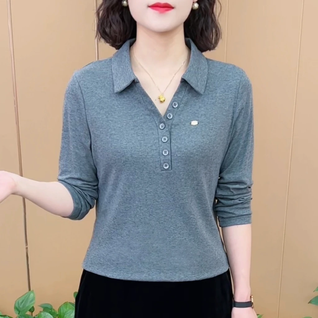 早秋新款时尚洋气精品翻领纯色T恤气质显瘦减龄长袖女士上衣K9106