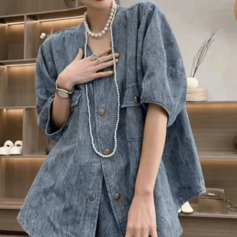 夏季新款简约重工轻奢高级感纹路百搭牛仔外套短裤两件套24199-C