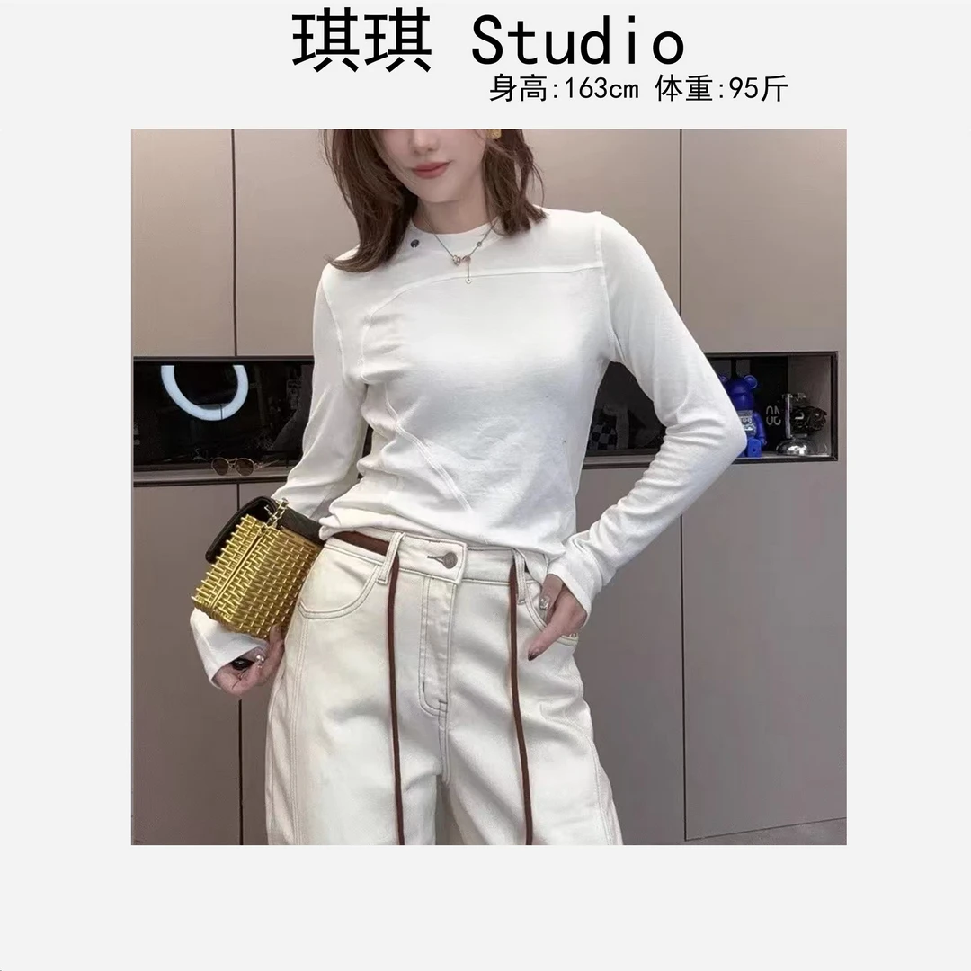 秋季新款气质时尚圆领铁标鱼骨显瘦线纯色洋气减龄百搭上衣6392-G