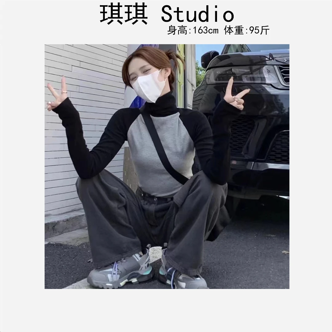 秋季新款磨毛拼色高领柔软舒适亲肤气质减龄时尚显瘦休闲上衣-M