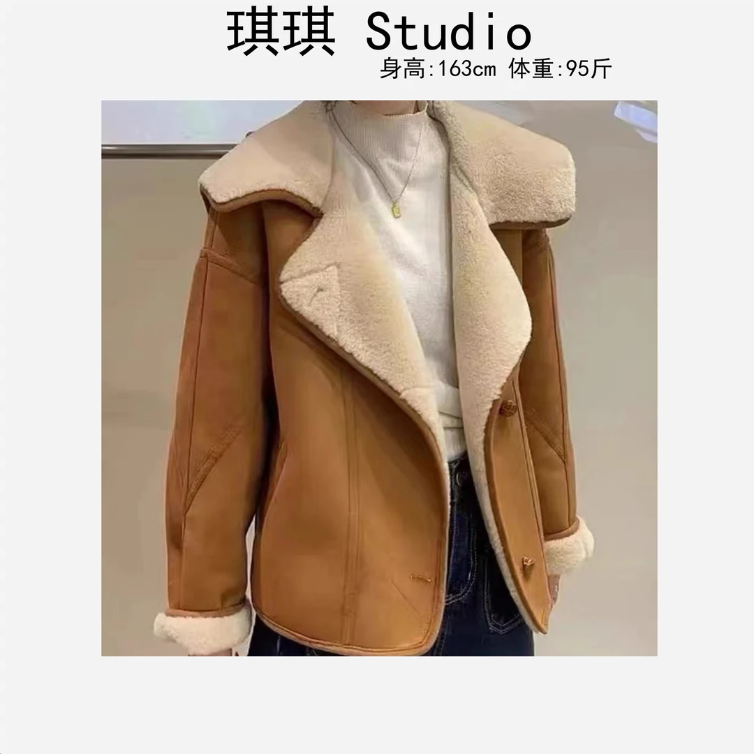 秋冬季新款重工气质皮毛一体大翻领加绒加厚时尚百搭外套5530-G